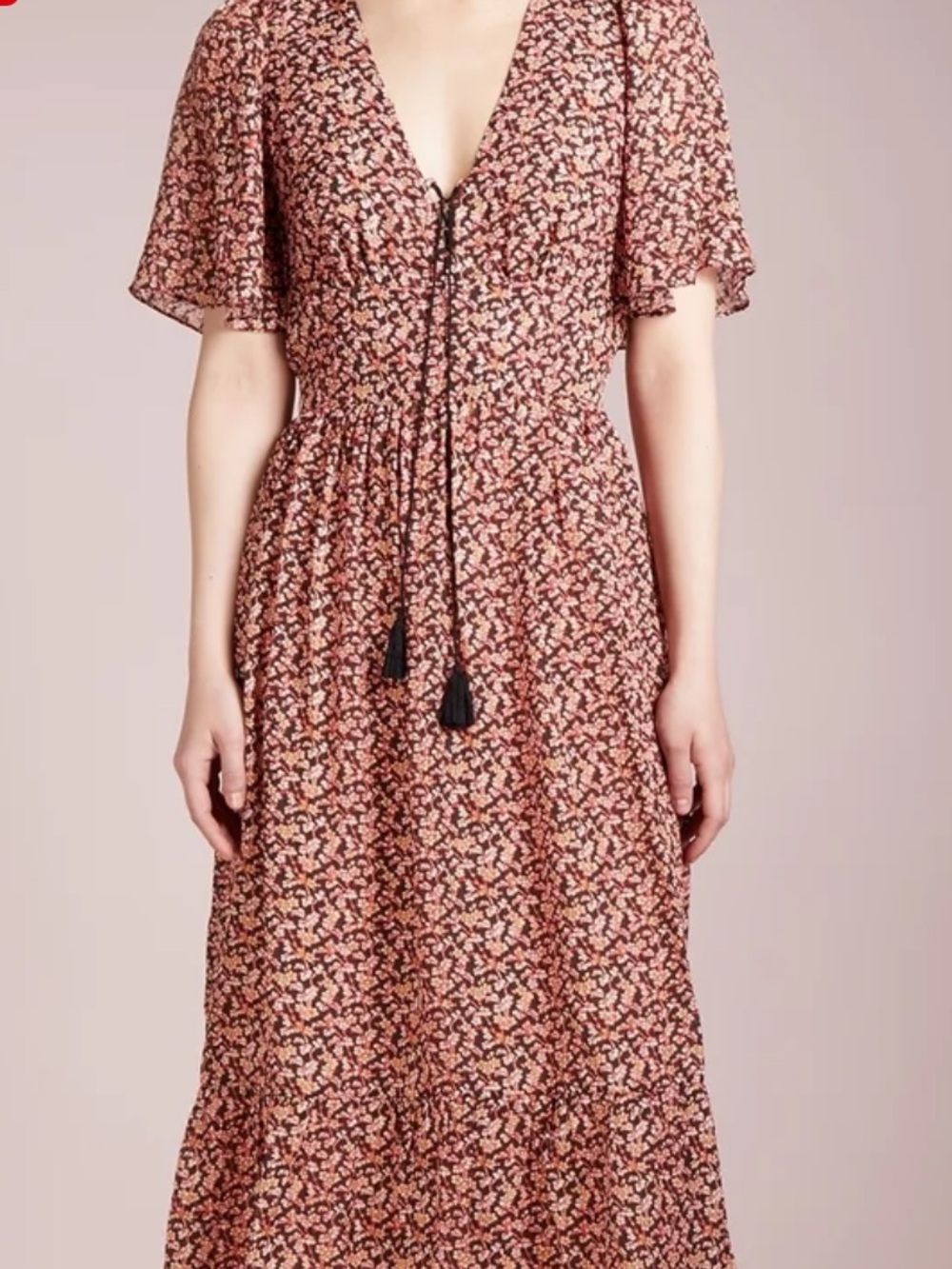 Vanessa Bruno Rust Floral Maxi Dress with Tassel Waist